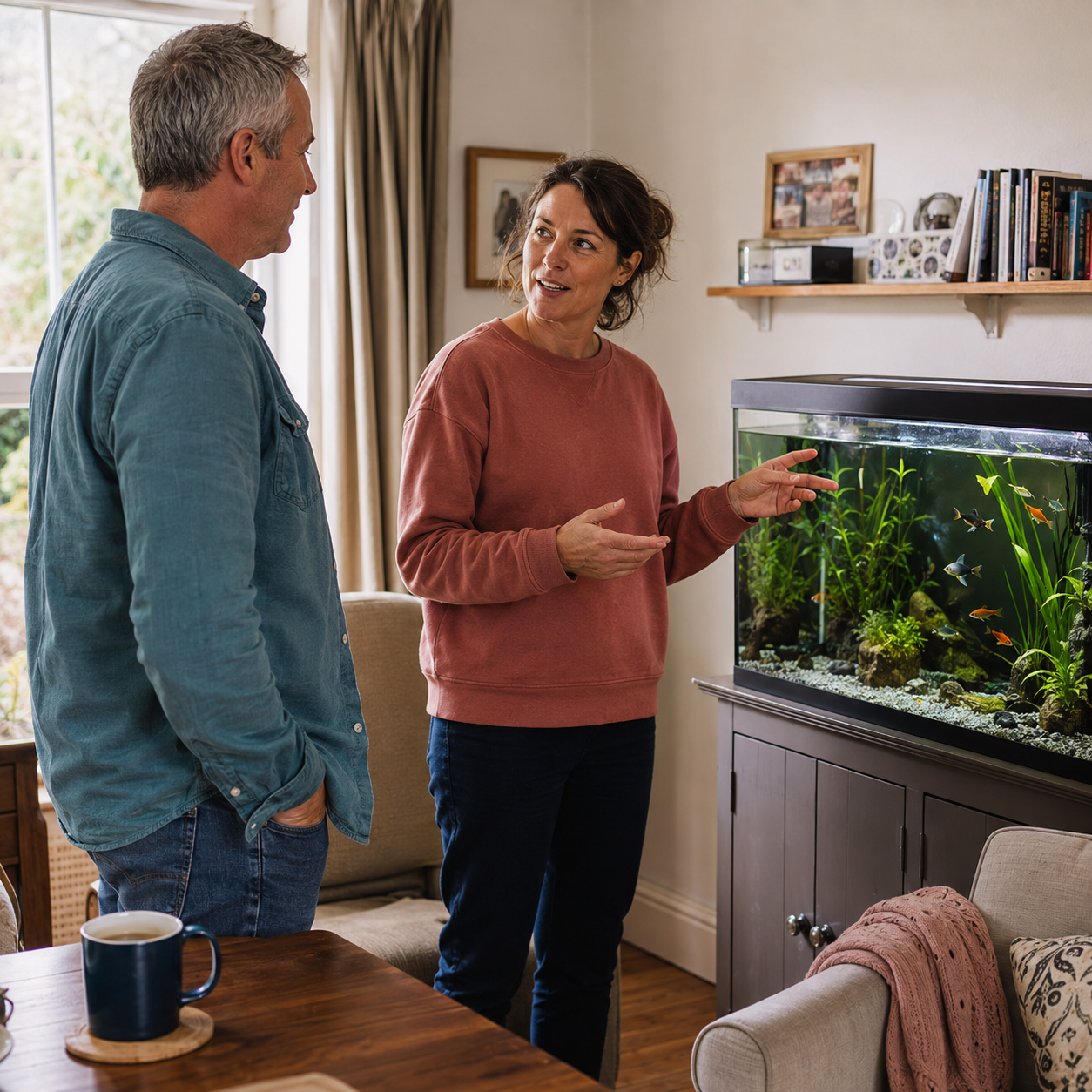 A Pet Parent explaining her fish’s care to a Pet Professional beside an aquarium at home